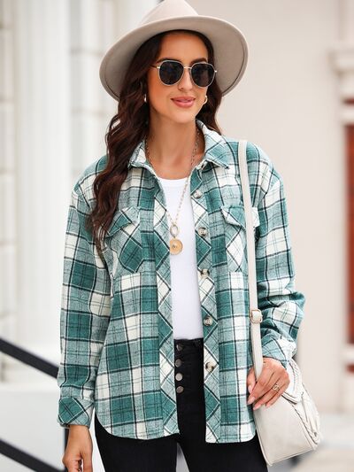 Small town girl -Plaid Collared Neck Button Up Jacket