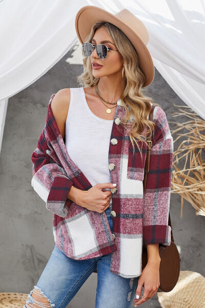 Hilltop Plaid Button Up Dropped Shoulder Jacket