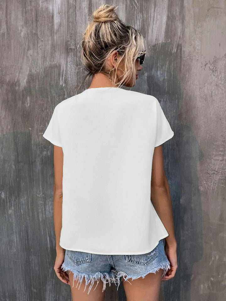 Printed Notched Neck Short Sleeve Blouse