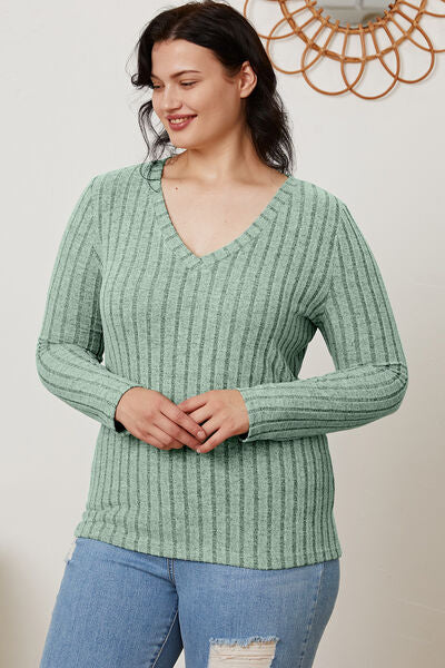 Calm and comfy Full Size Ribbed V-Neck Long Sleeve T-Shirt