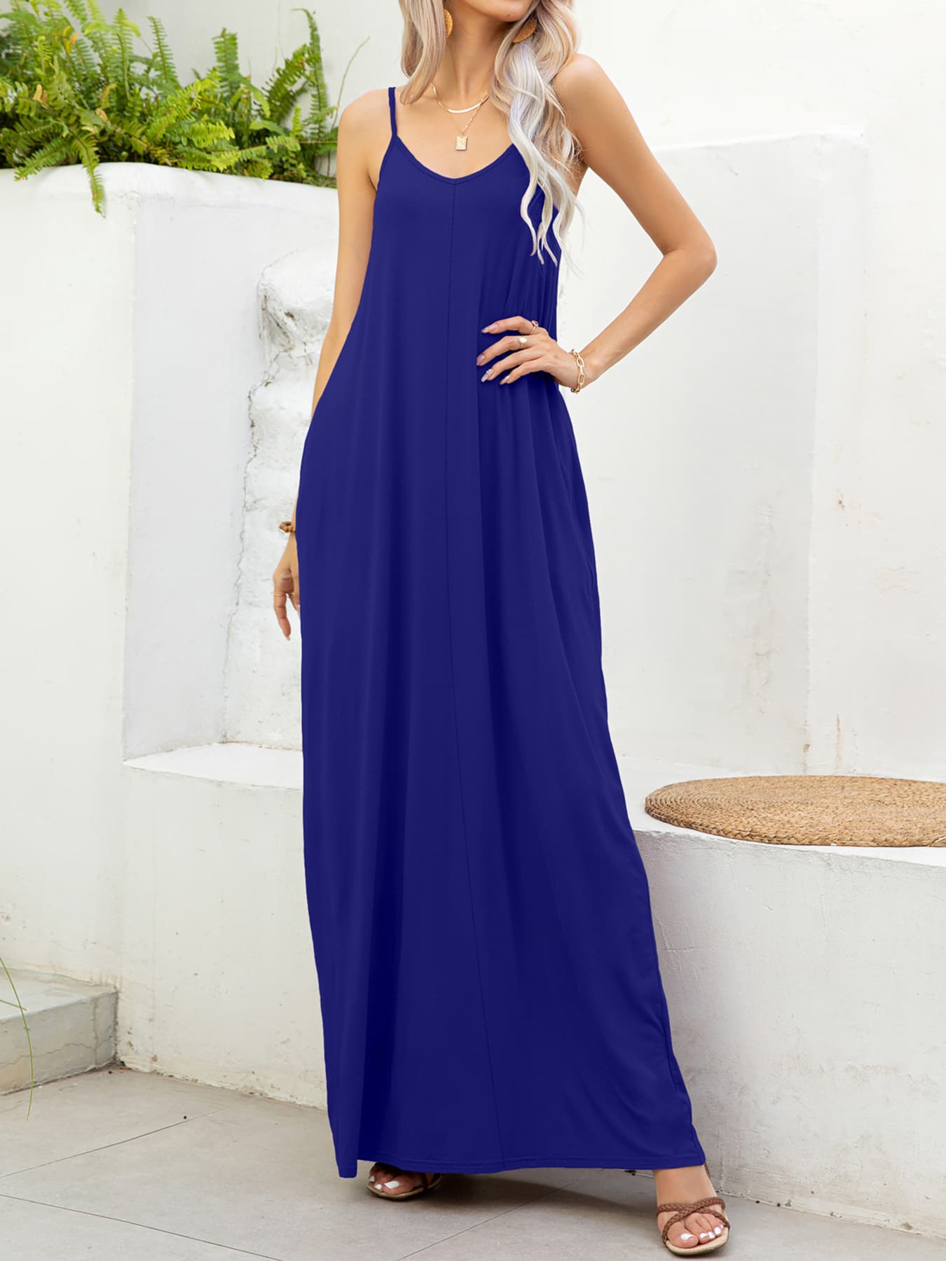 Spaghetti Strap V-Neck Maxi Dress with Pockets