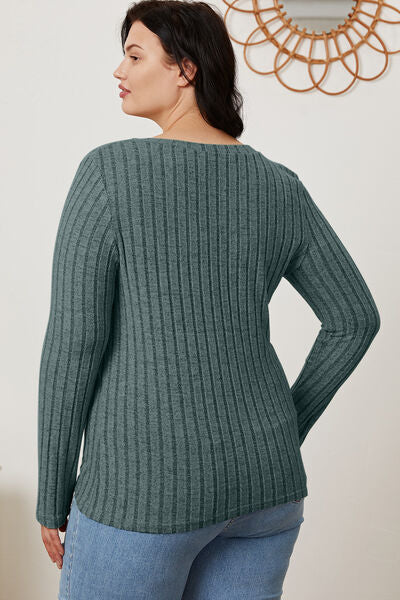 Calm and comfy Full Size Ribbed V-Neck Long Sleeve T-Shirt