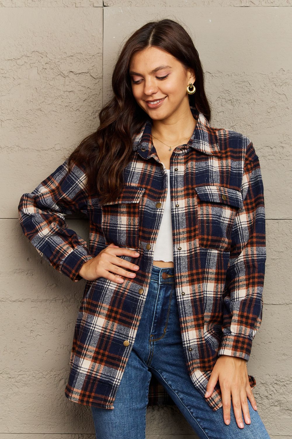 Full Size Plaid Collared Neck Button-Down Long Sleeve Jacket