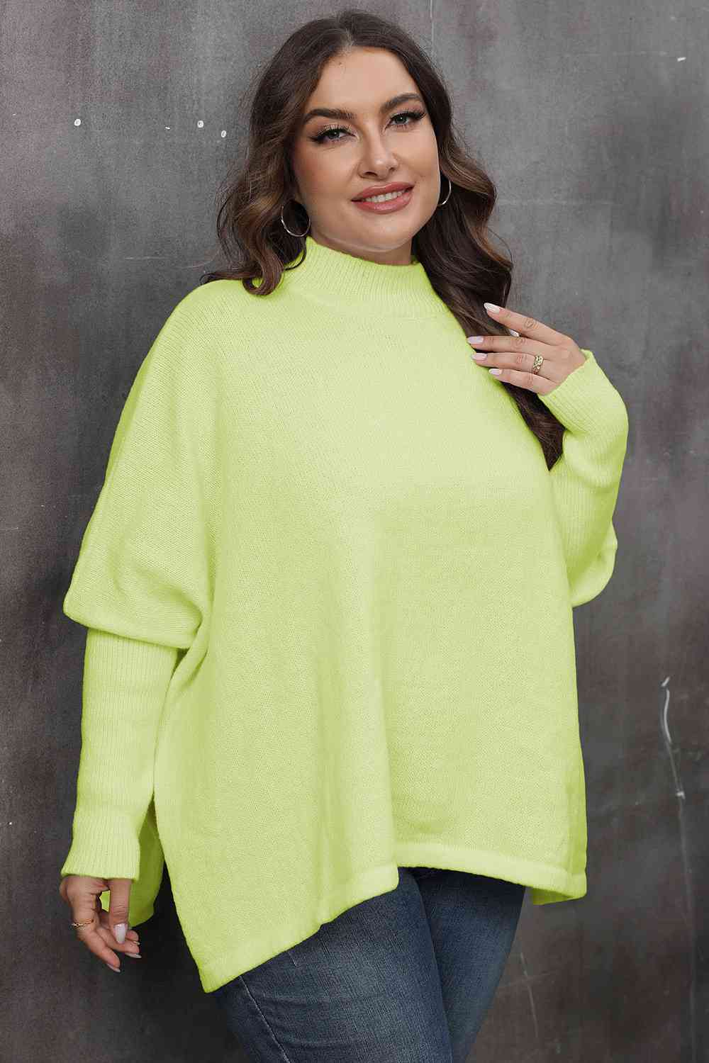 Mock Neck Raglan Sleeve Slit Sweater