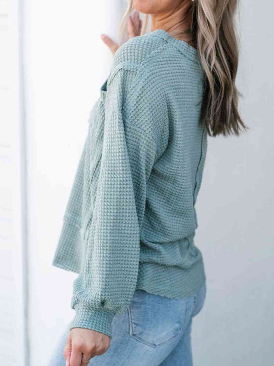 Waffle-Knit V-Neck Blouse with Breast Pocket