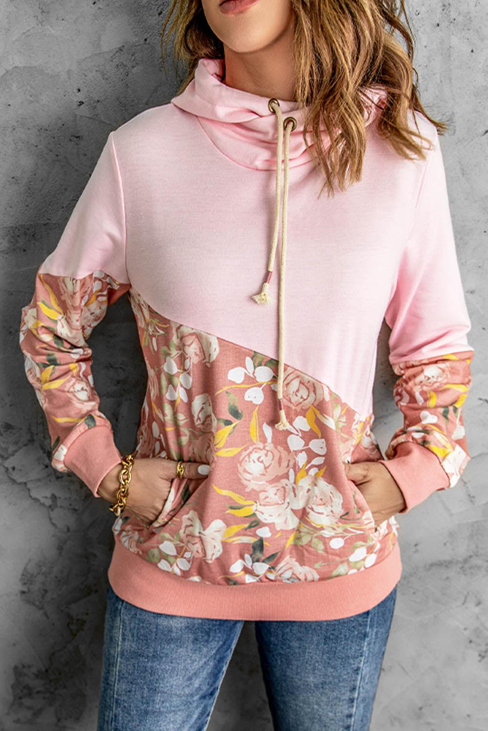 Floral Color Block Drawstring Hoodie