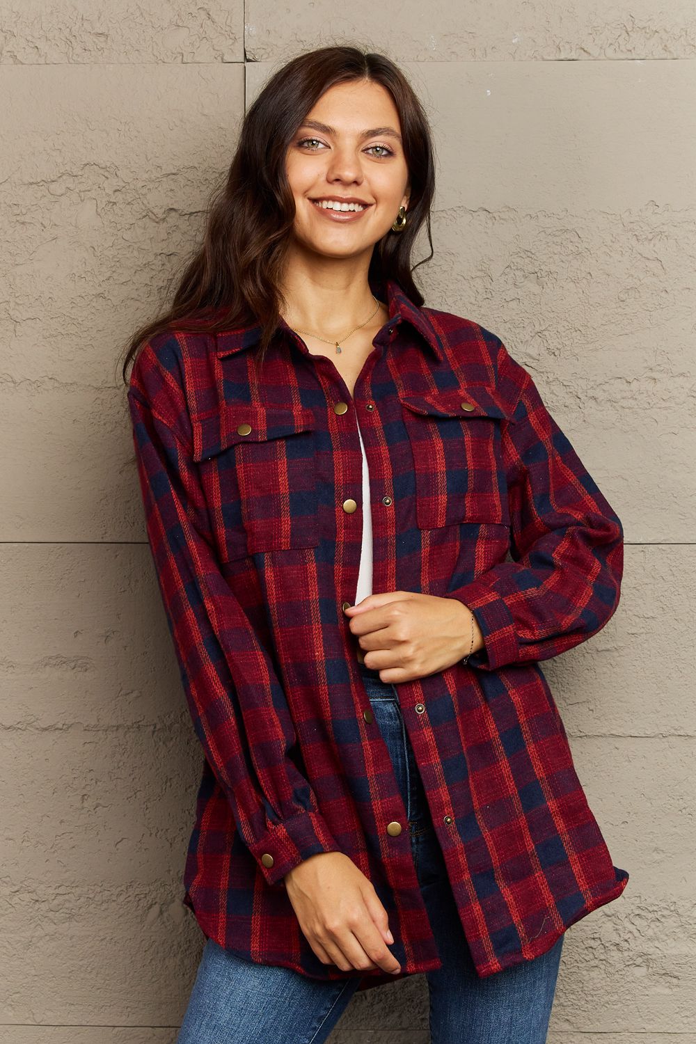 Full Size Plaid Collared Neck Button-Down Long Sleeve Jacket