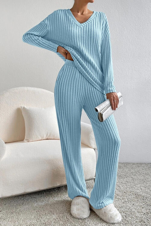 On top of the world -Ribbed V-Neck Top and Pants Set