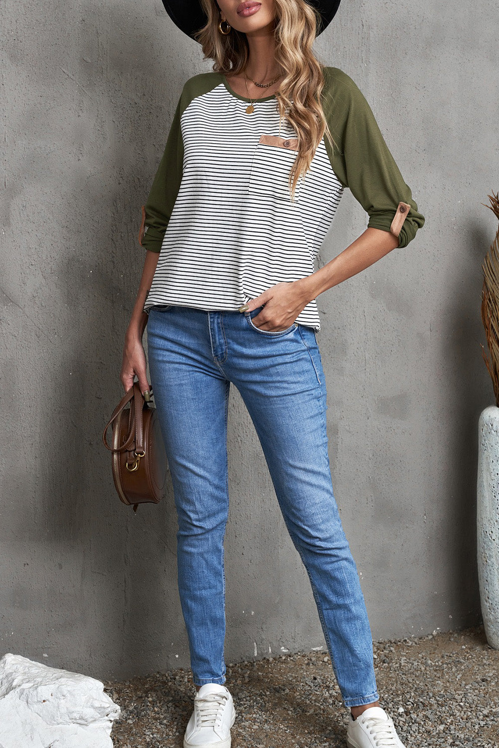 Striped Color Block Roll-Tab Sleeve Top