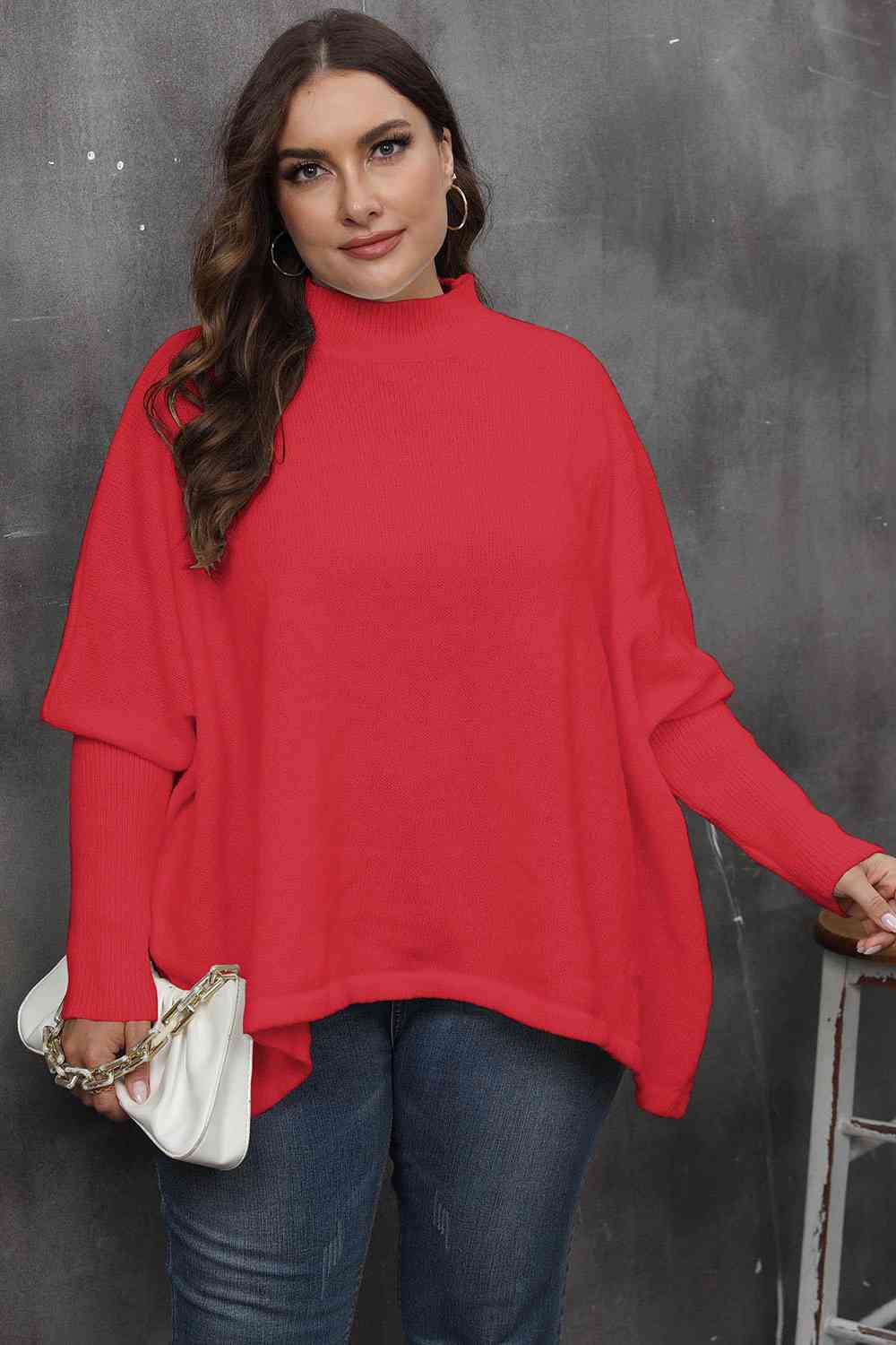 Mock Neck Raglan Sleeve Slit Sweater