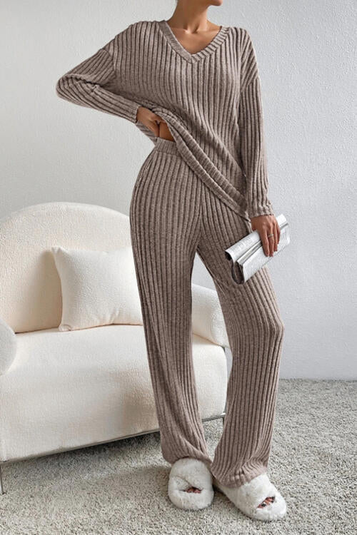 On top of the world -Ribbed V-Neck Top and Pants Set