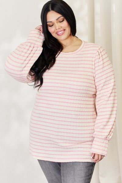 Sweet Caroline Full Size Long Bishop Sleeve Striped Top