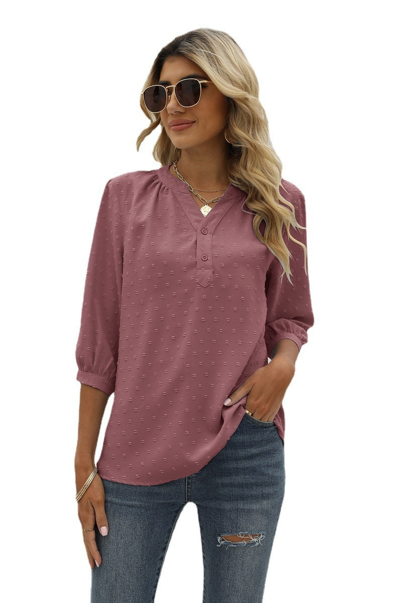 Swiss Dot Notched Neck Three-Quarter Sleeve Blouse