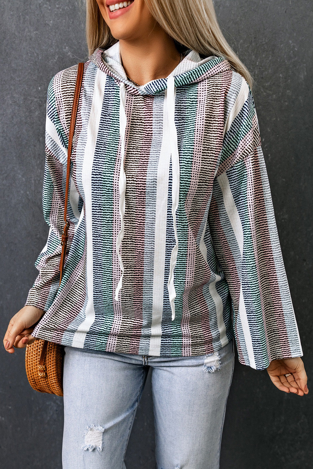 Linda’s Striped Drawstring Detail Drop Shoulder Hoodie