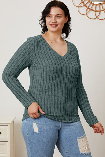 Calm and comfy Full Size Ribbed V-Neck Long Sleeve T-Shirt