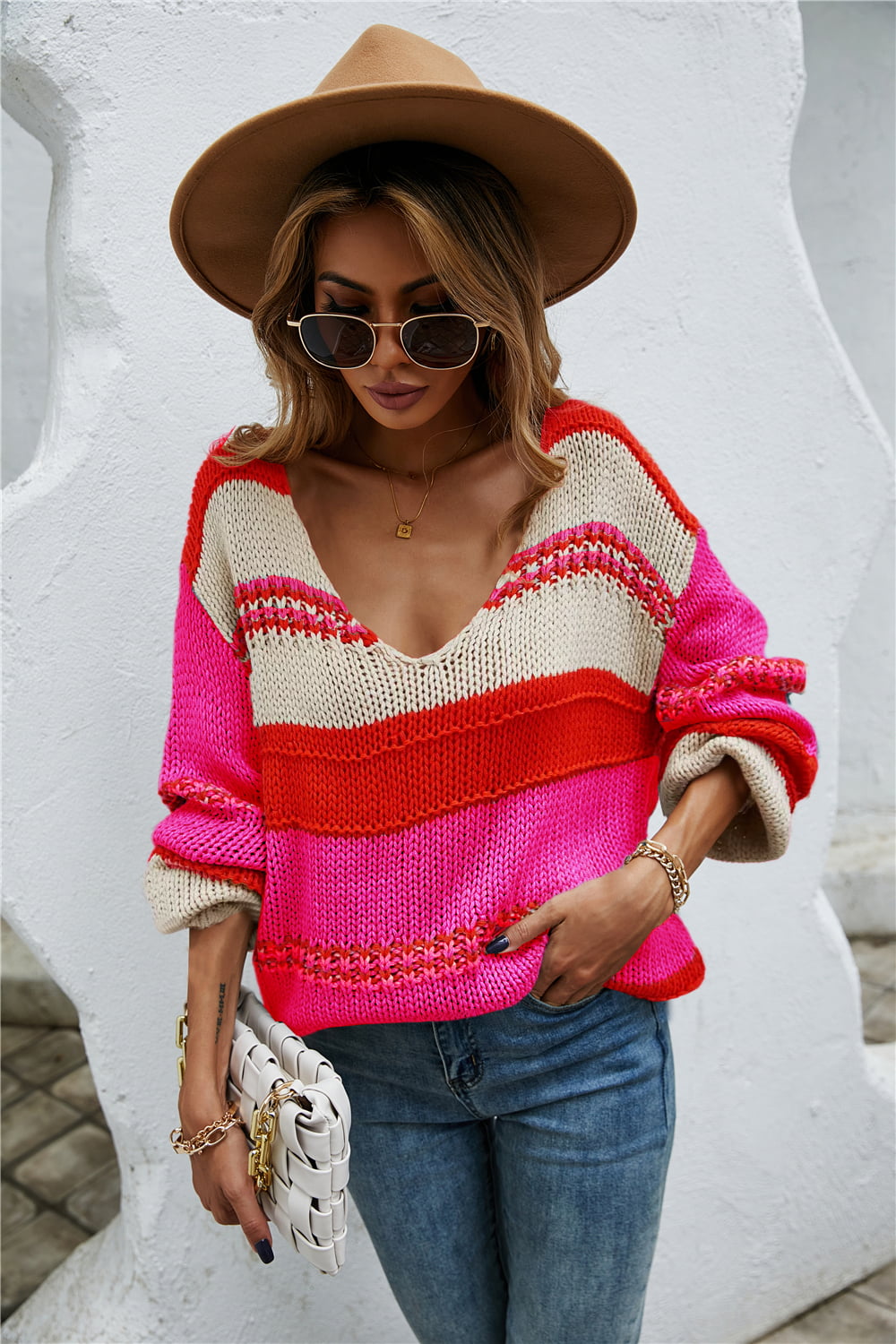 Color Block Scoop Neck Dropped Shoulder Sweater