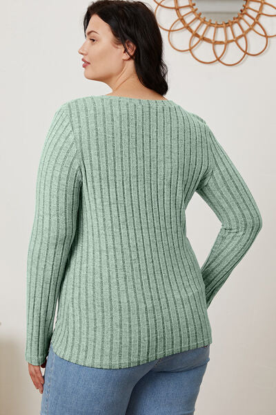 Calm and comfy Full Size Ribbed V-Neck Long Sleeve T-Shirt