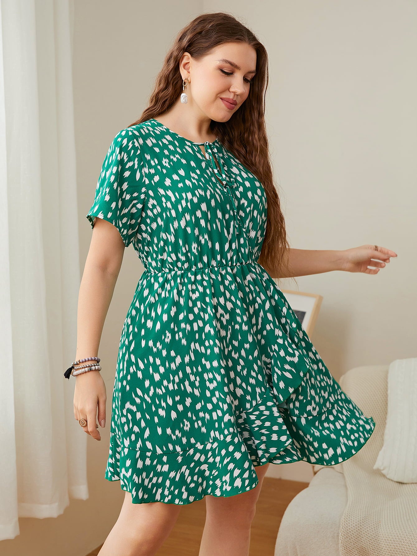 Plus Size Printed Tie Neck Ruffled Dress