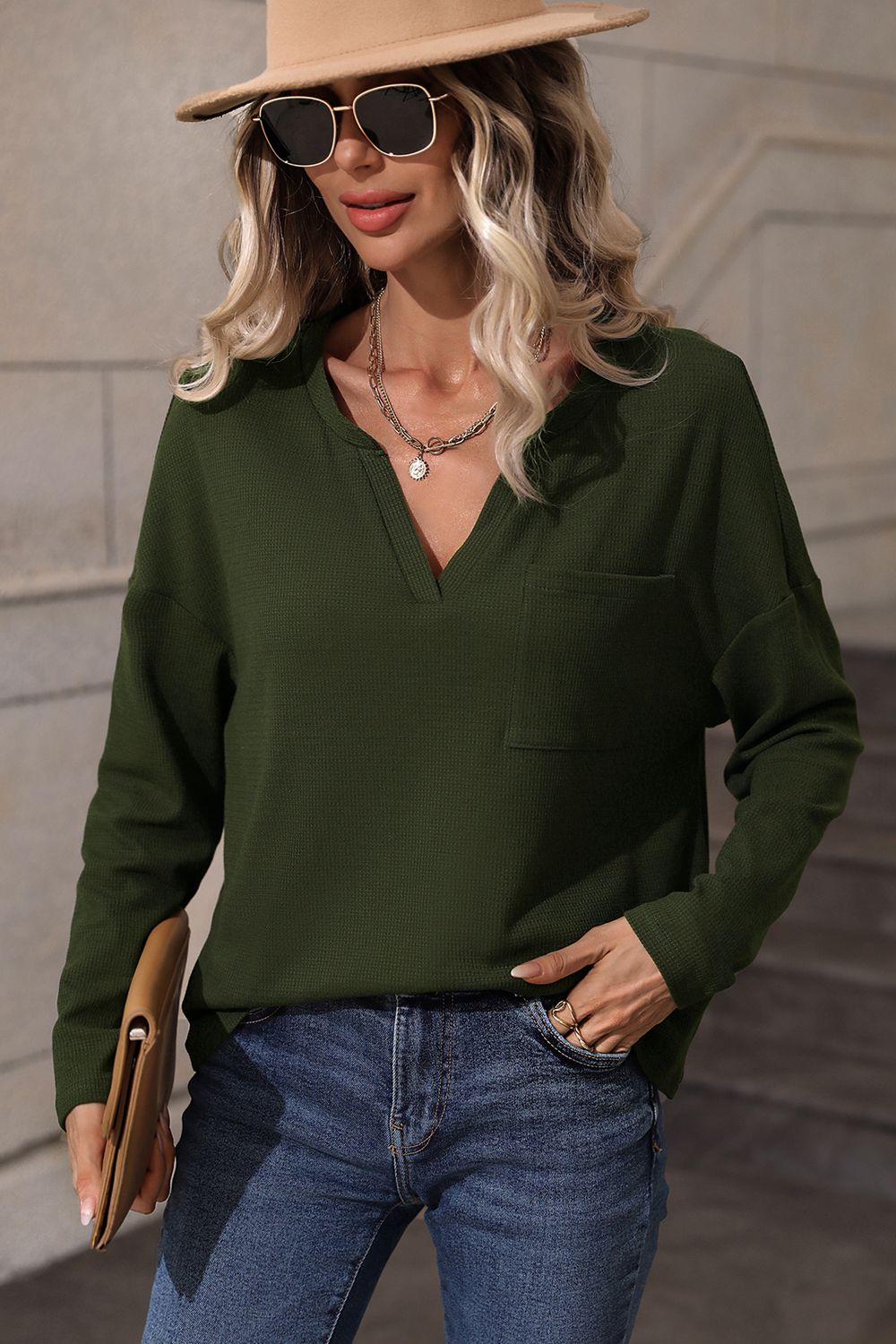 Long Sleeve Notched Neck Blouse