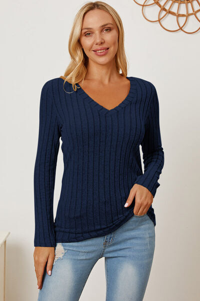 Calm and comfy Full Size Ribbed V-Neck Long Sleeve T-Shirt