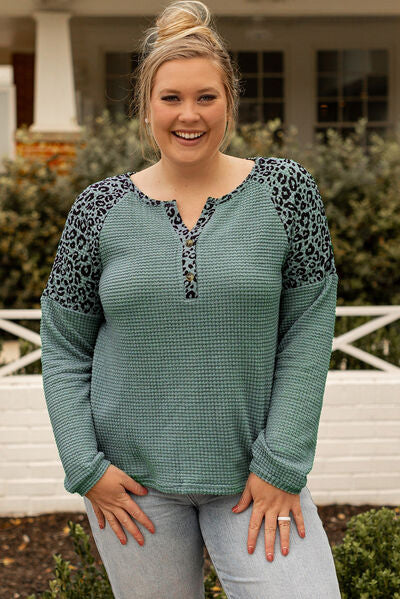 Wanna have fun -Plus Size Leopard Waffle-Knit Long Sleeve T-Shirt