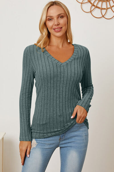 Calm and comfy Full Size Ribbed V-Neck Long Sleeve T-Shirt