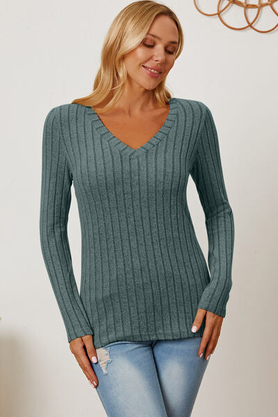 Calm and comfy Full Size Ribbed V-Neck Long Sleeve T-Shirt