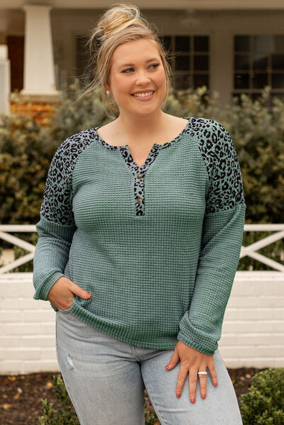 Wanna have fun -Plus Size Leopard Waffle-Knit Long Sleeve T-Shirt