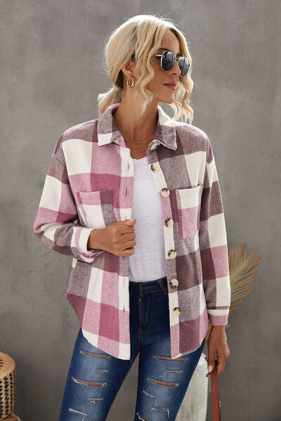 Hilltop Plaid Button Up Dropped Shoulder Jacket