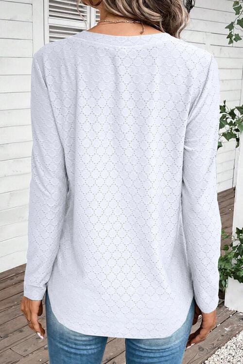 Eyelet V-Neck Long Sleeve T-Shirt