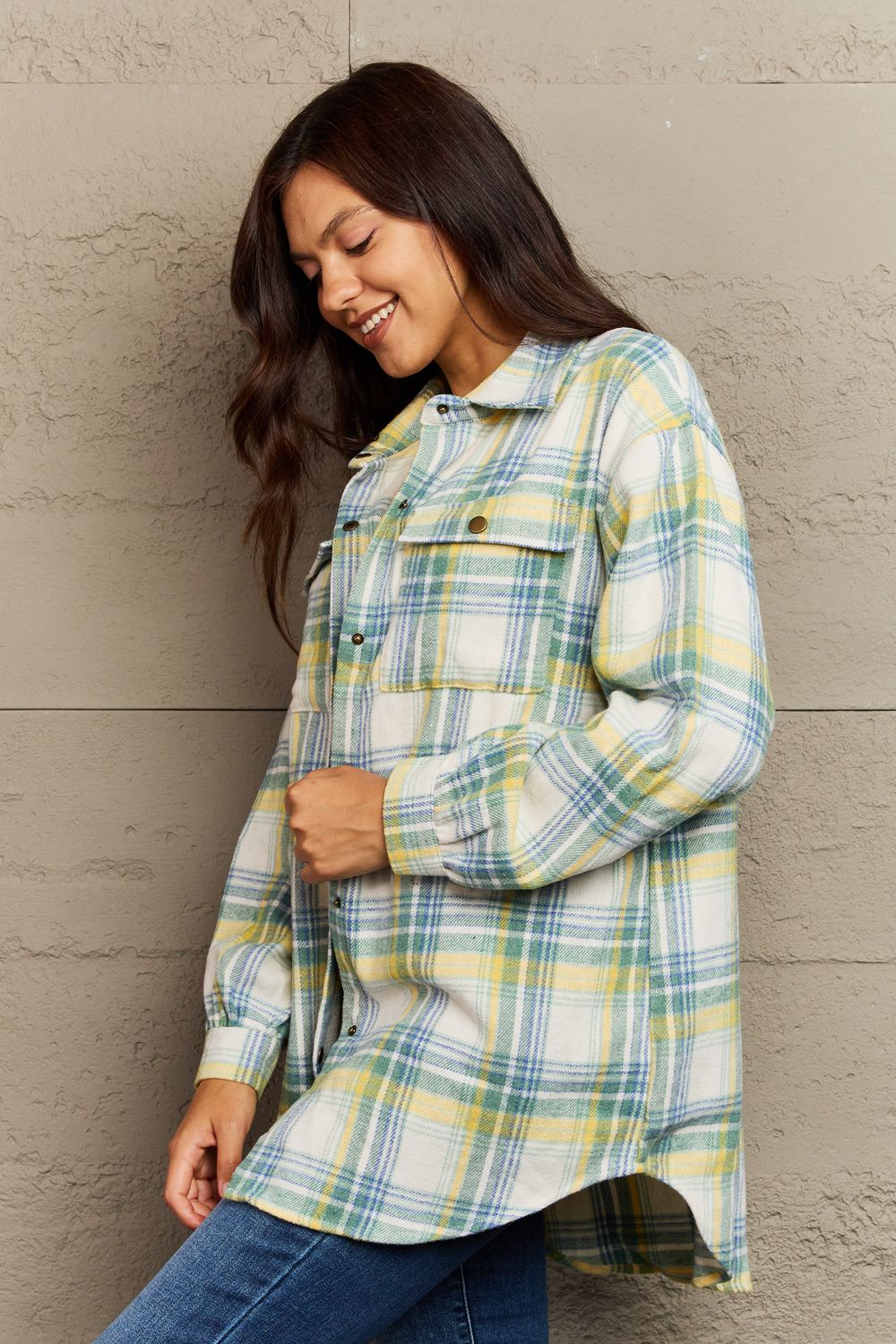 Full Size Plaid Collared Neck Button-Down Long Sleeve Jacket