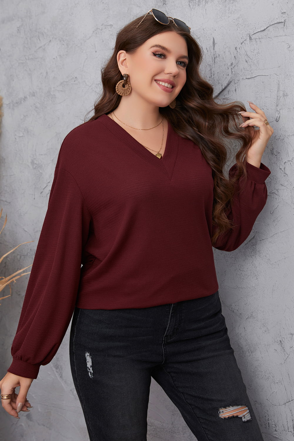 Plus Size V-Neck Dropped Shoulder Blouse