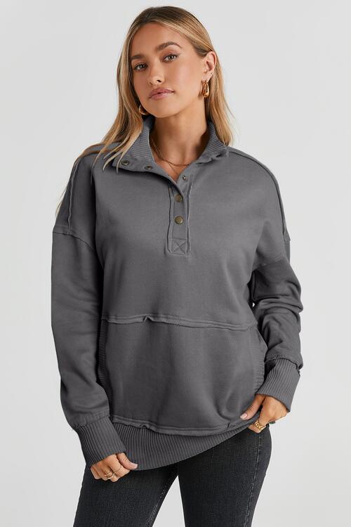 Half Snap Drop Shoulder Long Sleeve Sweatshirt