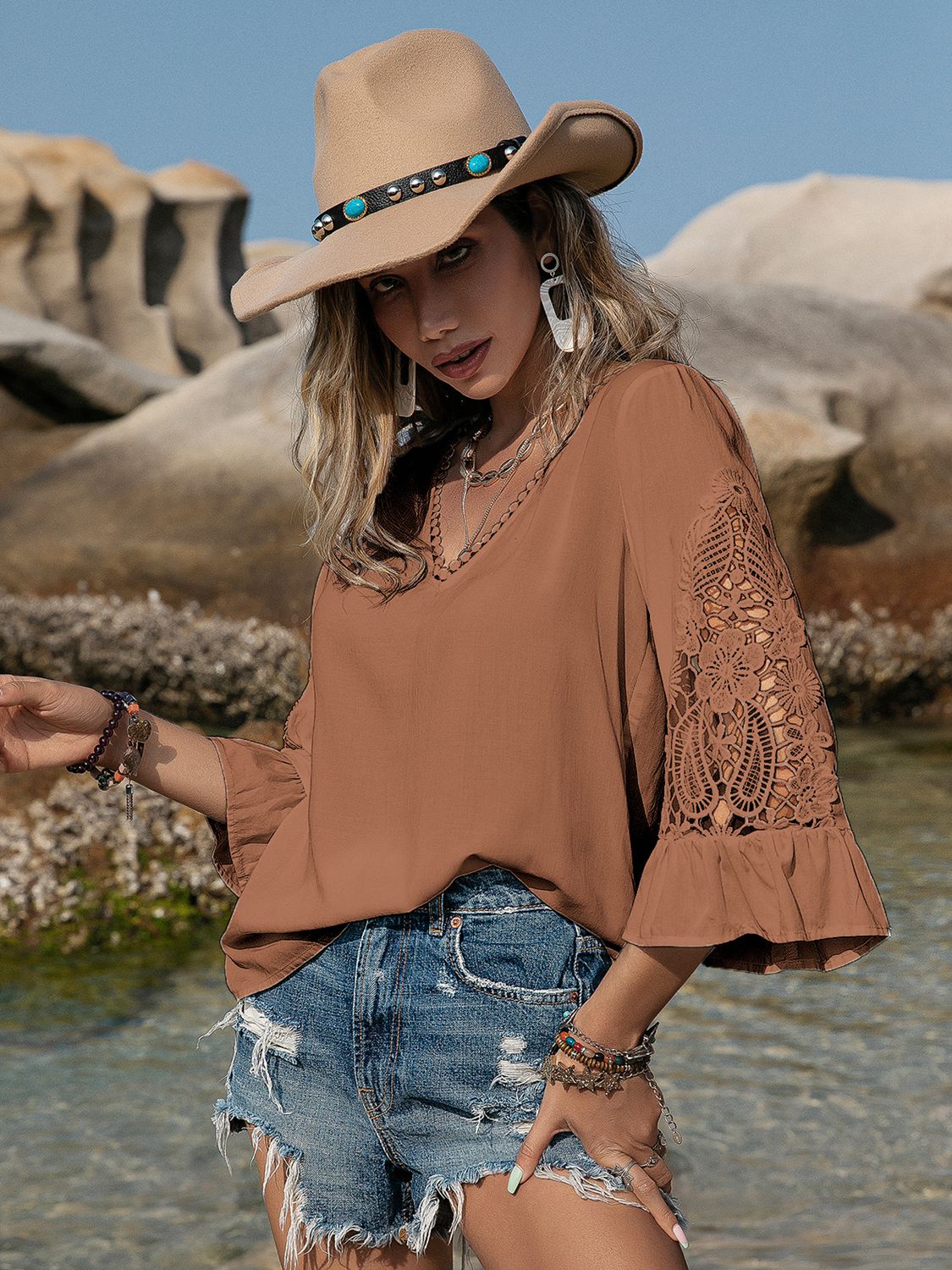 Windsor tan western V-Neck Flounce Sleeve Blouse