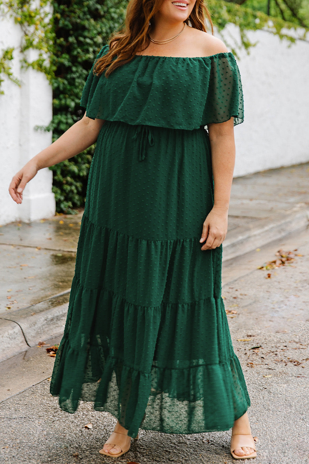 Plus Size Swiss Dot Off-Shoulder Tiered Dress