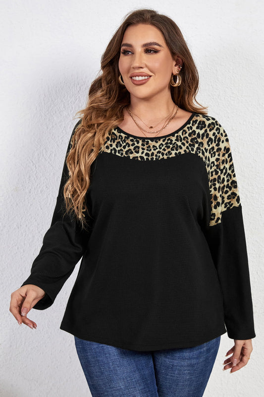 Plus Size Leopard Trim Round Neck Long Sleeve Tee