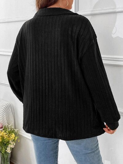 Plus Size Ribbed Johnny Collar Long Sleeve T-Shirt