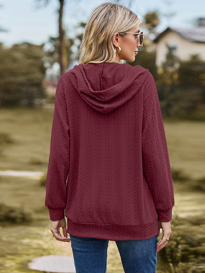 Cable-Knit Zip-Up Hooded Blouse