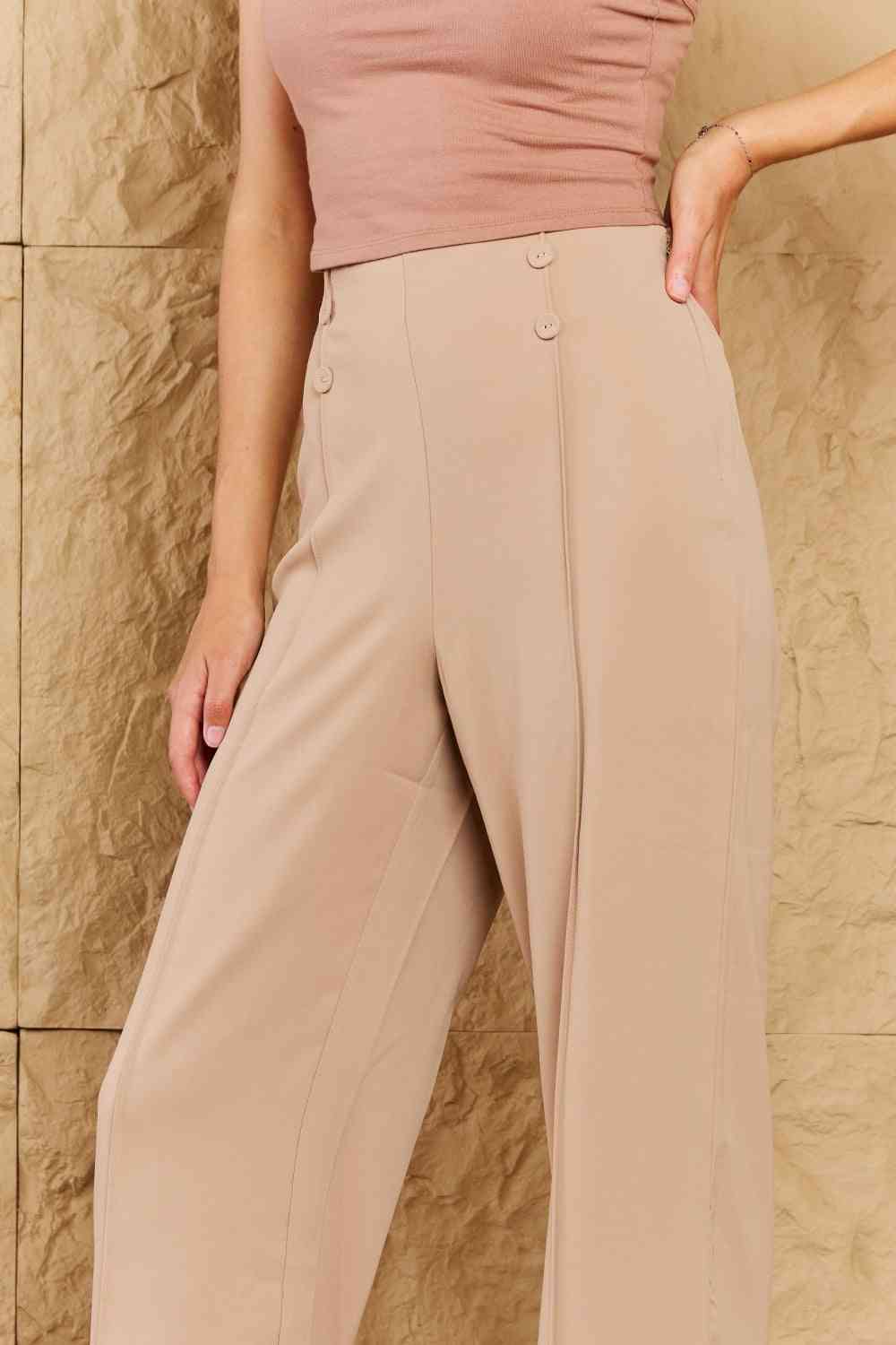 Pretty Pleased High Waist Pintuck Straight Leg Pants in Camel