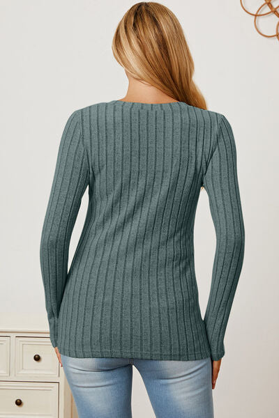 Calm and comfy Full Size Ribbed V-Neck Long Sleeve T-Shirt