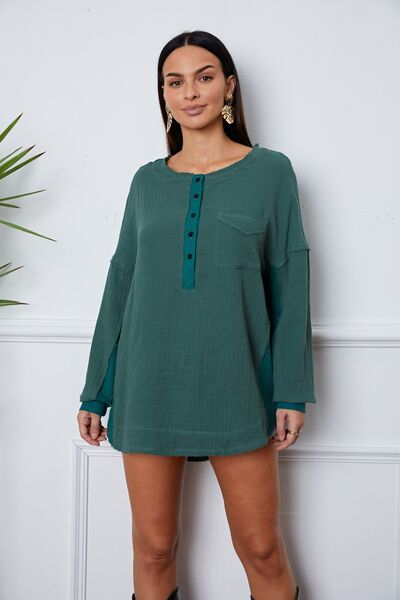 Main Stay Half Button Up Round Neck Blouse