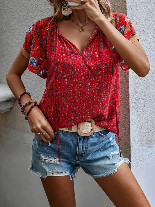 Printed Short Sleeve Tie Neck Blouse