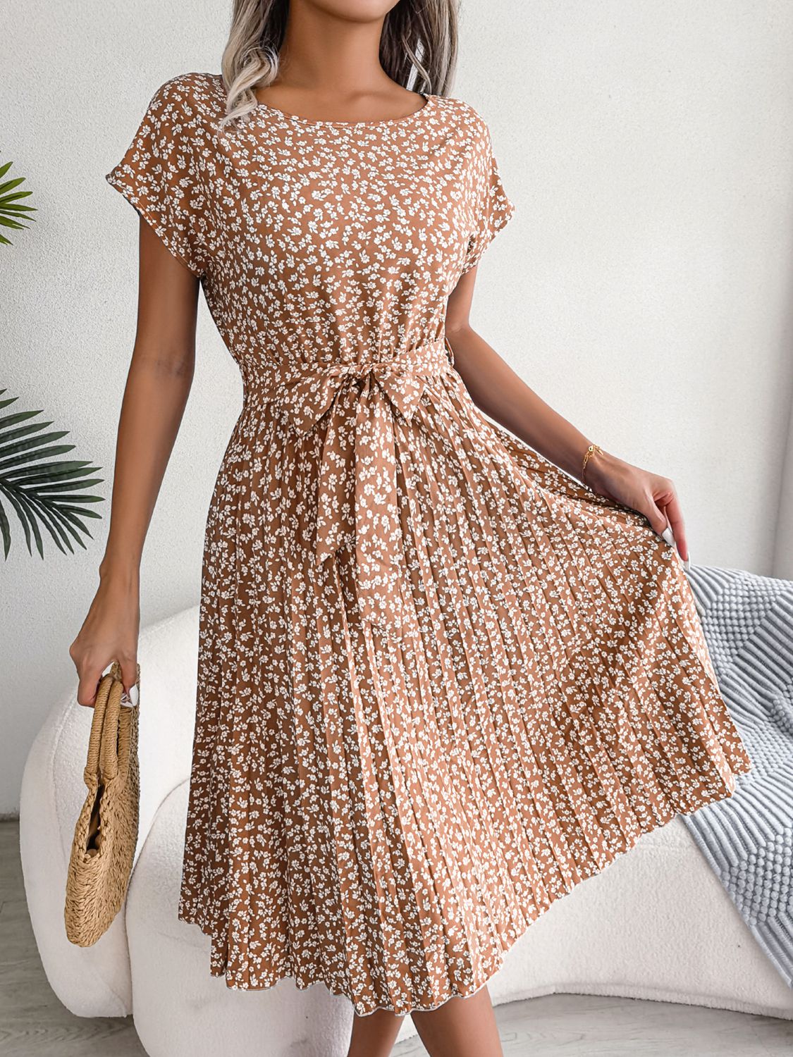 Ditsy Floral Pleated Belted Dress