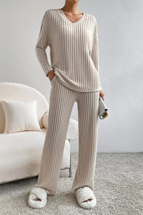 On top of the world -Ribbed V-Neck Top and Pants Set