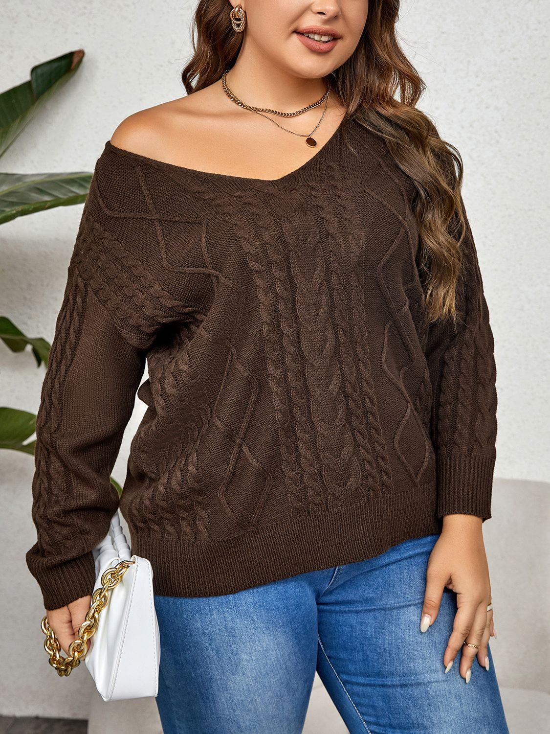 Plus size brown V-Neck Cable-Knit Long Sleeve Sweater