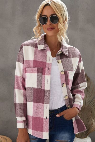 Hilltop Plaid Button Up Dropped Shoulder Jacket