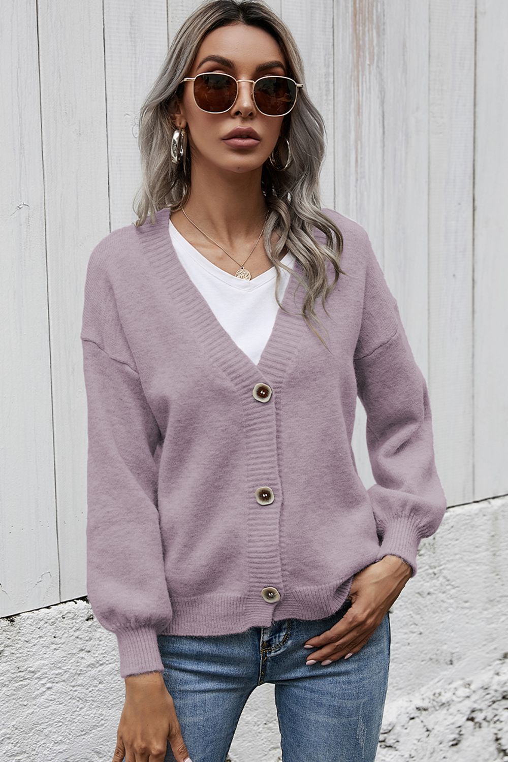 V-Neck Button-Down Dropped Shoulder Cardigan