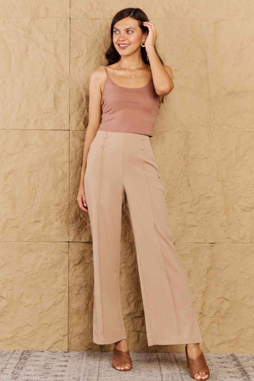 Pretty Pleased High Waist Pintuck Straight Leg Pants in Camel