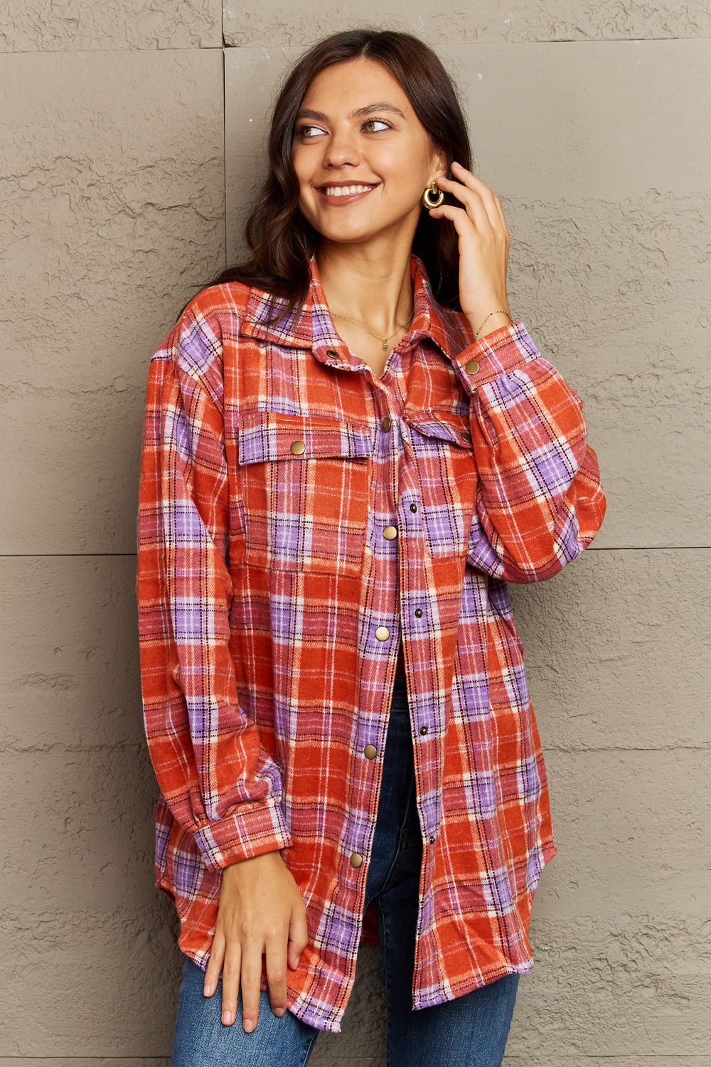 Full Size Plaid Collared Neck Button-Down Long Sleeve Jacket