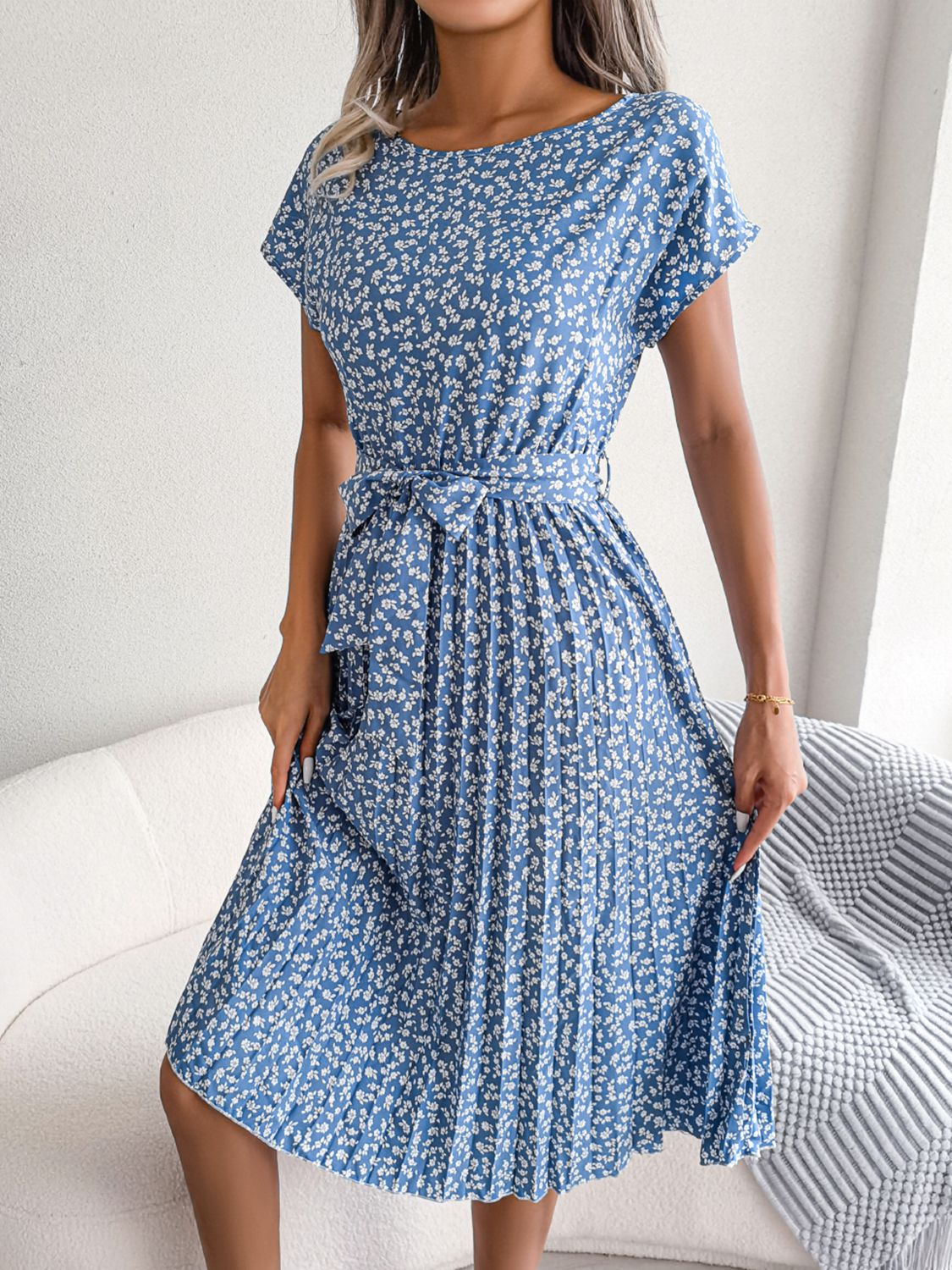 Ditsy Floral Pleated Belted Dress